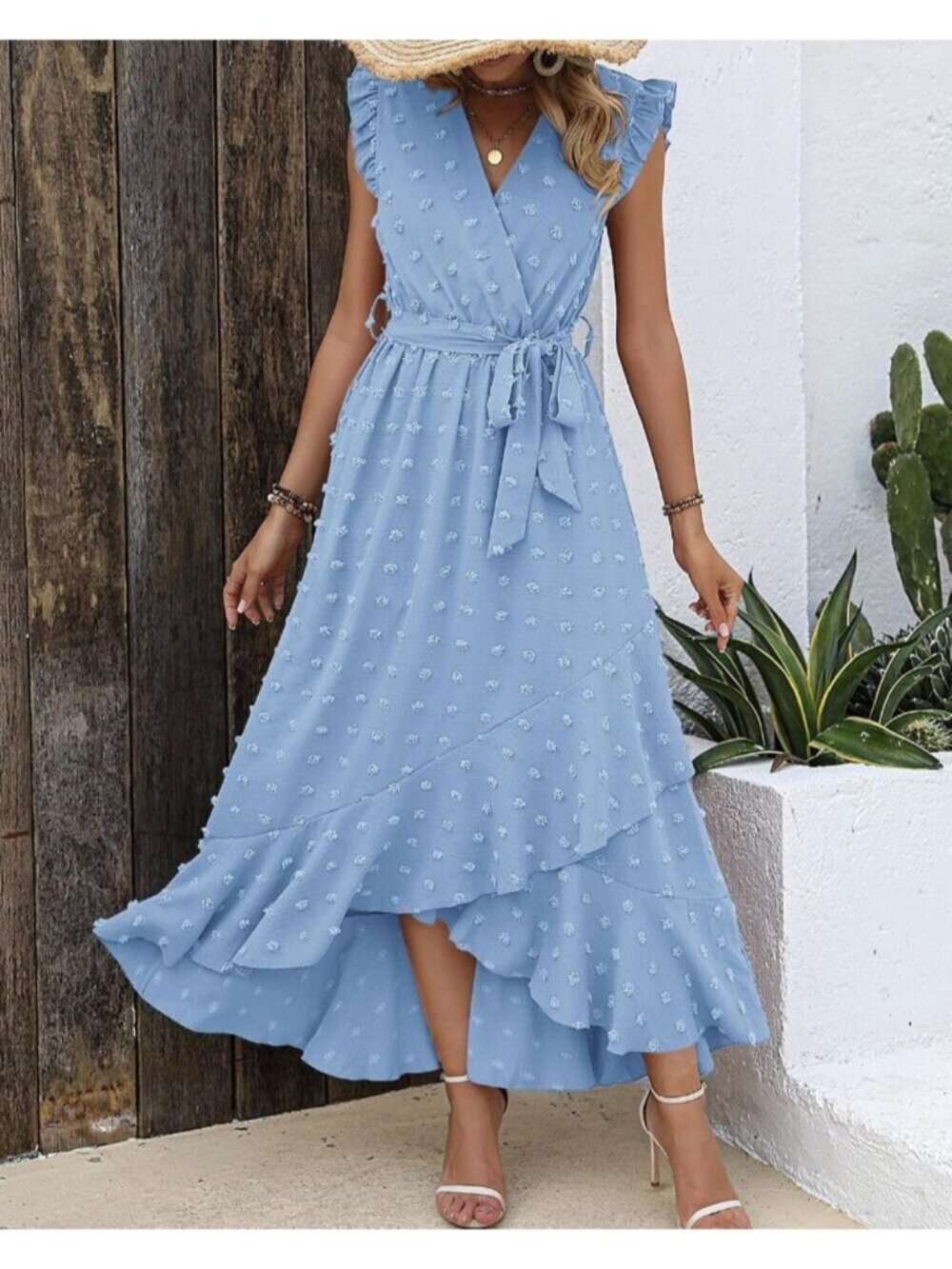 Women's Sky Blue Swiss Dot Cap Sleeve V Neck Tie Waist Imported Causal Maxi Dres - Picture 3 of 6